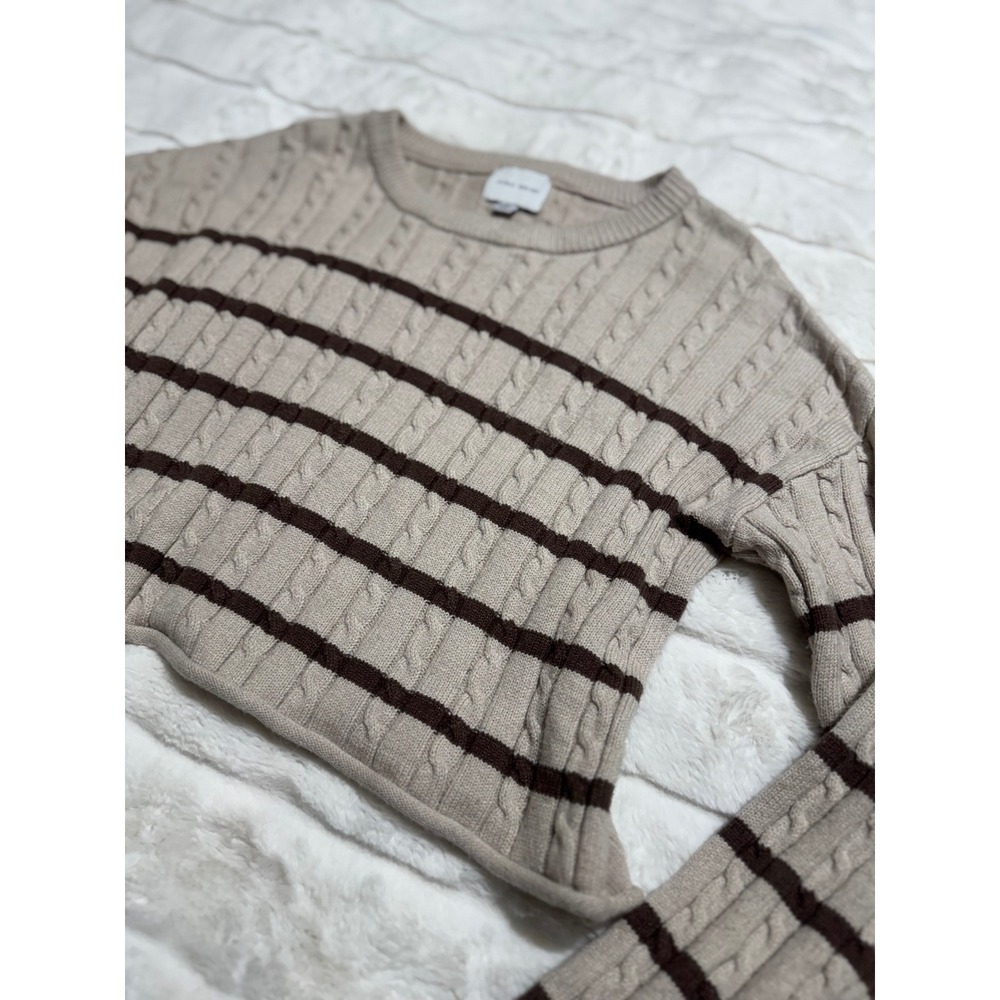 Pink Rose Cable Knit Striped‎ Cropped Sweater Beige Brown Long Sleeve Size L - Picture 7 of 8